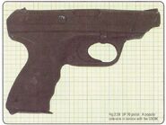 The VP70 in Aliens: Colonial Marines Technical Manual. This appears to be an image of a rubber stunt pistol — note the bulge on top of the usually straight slide.