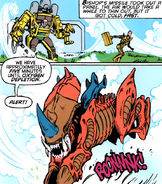 Bishop distracts the Rhino Aliens while A.T.A.X. runs for the hive.