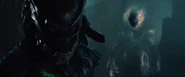 The two red eyes of Berserker through the bio-helmet, and Falconer decloaking in the background.