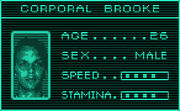 Corporal Brooke. Age: 26. Sex: Male. Speed: 4. Stamina: 4.