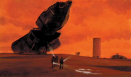 Concept art of the cylindrical, man-made Egg silo (visible in the background).