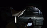 A screenshot from Alien: Isolation in development when it was a third person experience. Notice the prototype motion tracker.