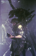 Production still of Dietrich being captured by a Warrior while holding her flamethrower inside the LV-426 Hive.