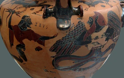 Zeus hurling his lightning at Typhon, Chalcidian black-figured hydria, c. 550 BC, Staatliche Antikensammlungen (Inv. 596).