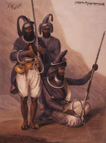 Sikhs with chakrams, inscribed "Nihang Abchal Nagar" (Nihang from Hazur Sahib), 1844.