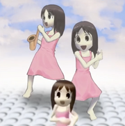 a still image of osaka dancing and playing the saxophone (at once) on the white baseplate