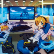 Merak playing the game while disposing of some trash.