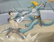 Deren fights an unnamed Aurynn warrior.