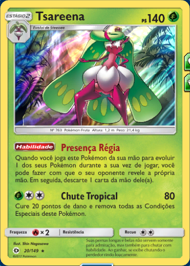 Mundo Pokémon - 562- Steenee. Tipo: planta. Evolução: Tsareena (nível 29 e  aprender o Movimento Stomp). Histórico: As sépalas em sua cabeça  desenvolveram-se para proteger seu corpo. São muito duras, por isso