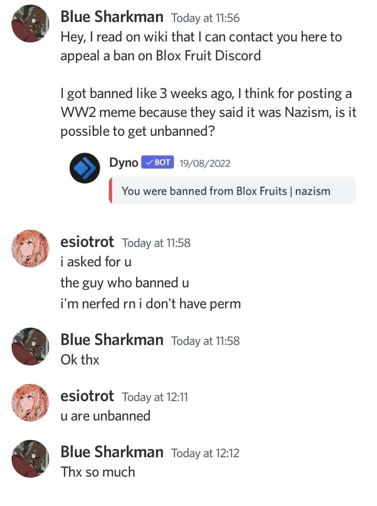 Can somone checked why i am banned in the blox fruits discord