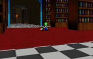 Luigi is bored in the library.