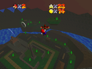 Mario hanging onto Hoot, viewing the area from afar.