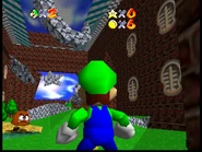 Uneven field with floating monuments.