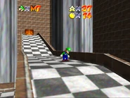 Luigi standing on a bridge near the Mirrored Upstairs exit.