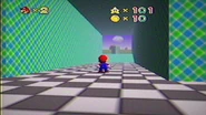 Mario in the checkerboard floor area, inquisitively staring at the second pipe to Athletic2.