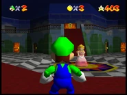 Peach's faceless ghost inside what appears to be a modified version of the 1st Floor, or simply the castle lobby.