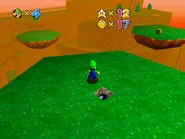 A view from the highest floating island. The ? Block on the island on the right contains 10 coins.