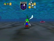 Luigi swimming to the center of the area.