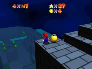 The view from the tallest building, alongside the enemy yellow Bob-omb.