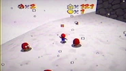 Mario in the spawn area of the snowy state.