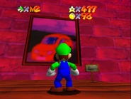 Luigi observes the car painting and sign.