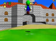 Luigi jumping towards Peach's Castle.
