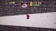 Mario climbing down the mountain with baby penguin in tow.