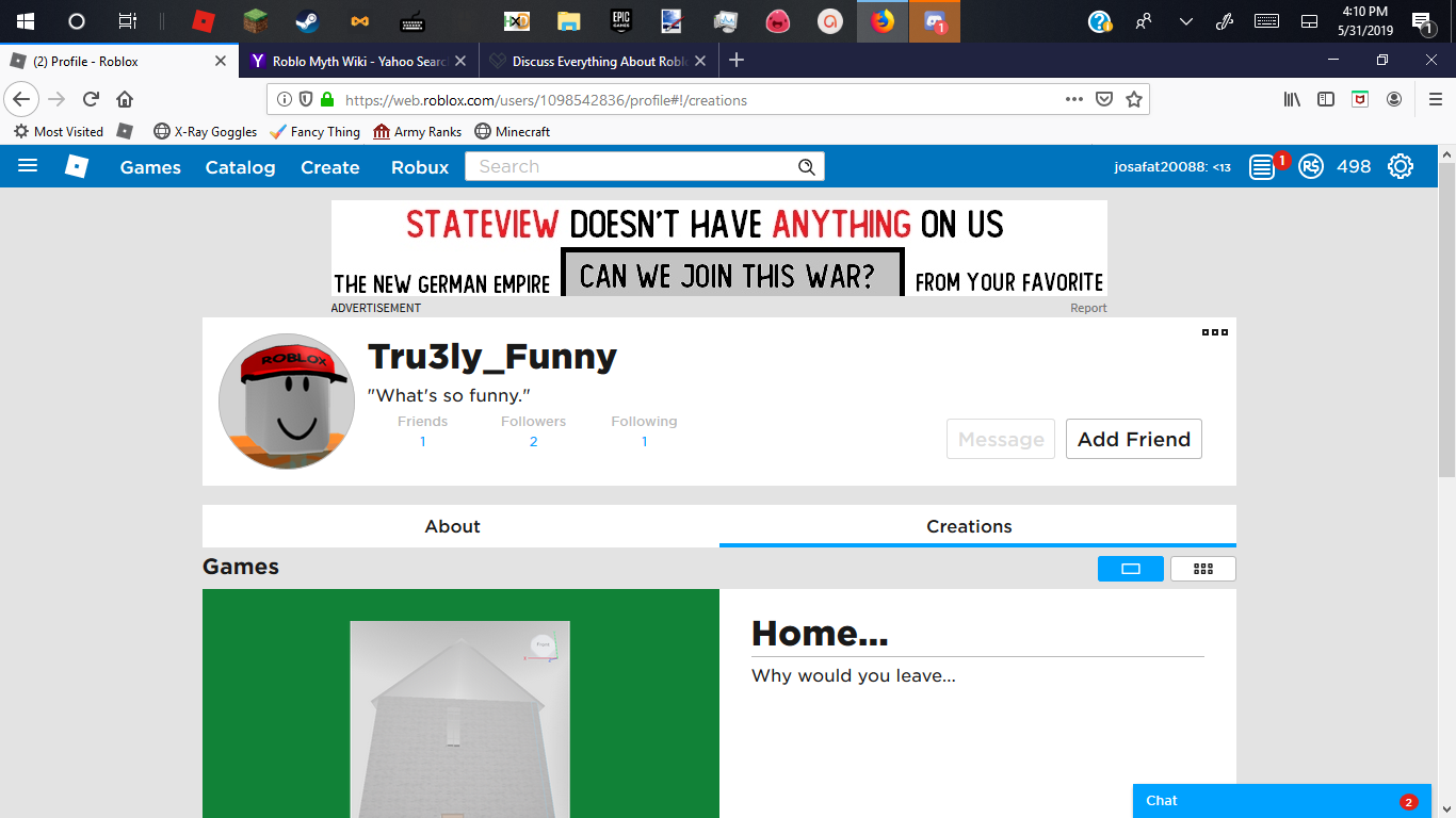Is This A Unknown Myth Just Found Him Took This Screenshot When I Made This Post Check Him Out Fandom - funny roblox profile status