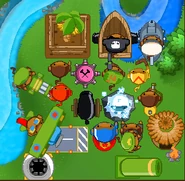 All Bloons TD 5 towers unupgraded including the Monkey Sub and the Monkey Buccaneer.