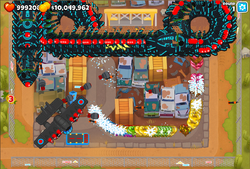 the Flying Fortress does more damage than a true sun god without sacrifices.  at least without monke knoledge (I put down the Flying Fortress after the  Bloons, I picked a bad, got