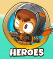 The BTD6 Heroes button with Quincy active in the main screen.
