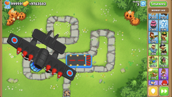 the Flying Fortress does more damage than a true sun god without sacrifices.  at least without monke knoledge (I put down the Flying Fortress after the  Bloons, I picked a bad, got