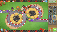 Bouncing Bullet attacking, with bounce pattern and shrapnel pieces from each Bloon shot