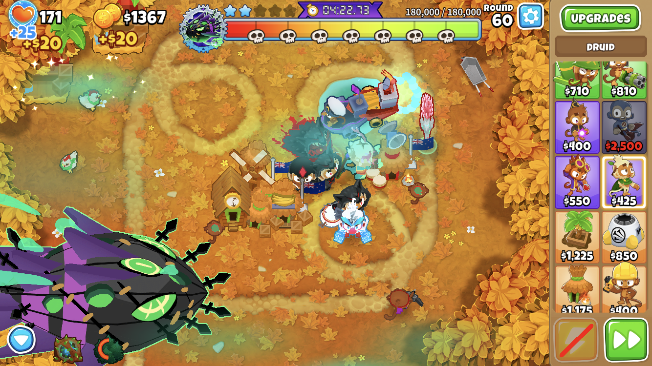 the Flying Fortress does more damage than a true sun god without sacrifices.  at least without monke knoledge (I put down the Flying Fortress after the  Bloons, I picked a bad, got