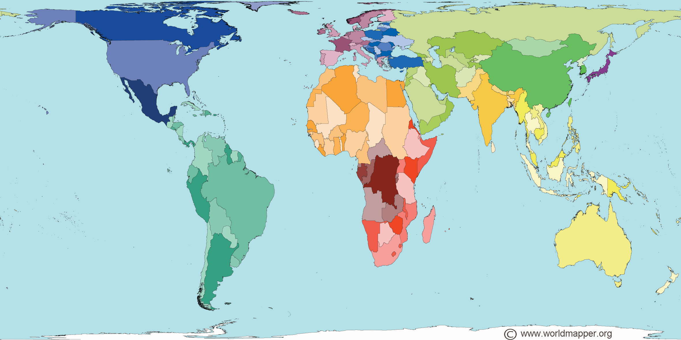 Here's a map showing the true size of countries. Have a good day.