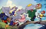 Babar goes on a picnic with Celeste, Zephir, Arthur, Cornelius and the Old Lady.