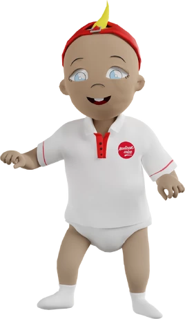 Baby Madison stands up with a white polo and a red cap