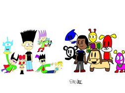 A Collaborative drawing of Derrick's characters and Simon's characters