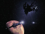 Takarn's ship scanning B5 and the Hyperion.