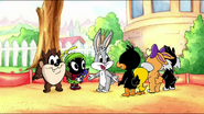 The babies gather at the sandbox. Baby Bugs realizes that Baby Taz was right about Baby Marvin. He and the rest of the babies regret and feel guilty for picking on Baby Marvin.