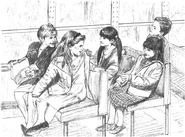 Ms. Colman's students in the bus on their field trip to the pet store. Karen is sitting next to her partner Nancy, and Hannie is sitting next to her partner Tammy Barkan.
