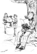 Ian Johnson leans against a tree to read while Karen and Nancy build a snowman