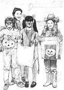 Kristy supervises Karen Brewer, Hannie Papadakis, and Nancy Dawes as they go trick-or-treating as Mother Goose, a mouse, and a cowgirl, respectively.