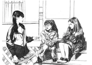 On Karen's front steps, Nancy tells Hannie she does not want one of Hannie's costumes because she already has her own cowgirl costume.