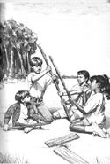 Jamie with Becca Ramsey, Haley Braddock, and Jeff Schafer building a fort in Baby-sitters' Island Adventure.