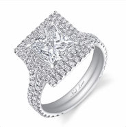 The 3-carat diamond and platinum set ring features a princess cut, further accented with 162 round brilliant cut diamonds.