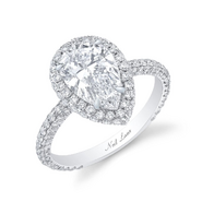 A 3-carat, pear-shaped diamond that is intricately set with a diamond halo and a platinum band set with over 175 brilliant-cut round diamonds by Neil Lane.