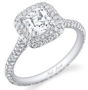 Amanda & Josh A radiant-cut diamond in a halo setting with pave diamonds on the band.