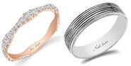 Carly & Evan Carly's handmade eternity band features 36 round diamonds set in rose gold. Evan's is a sturdy platinum band with “tire track” grooves.