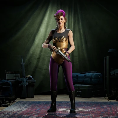 Mom is sporting brunette hair with a purple streak, wearing a gold and black leotard with purple tights.